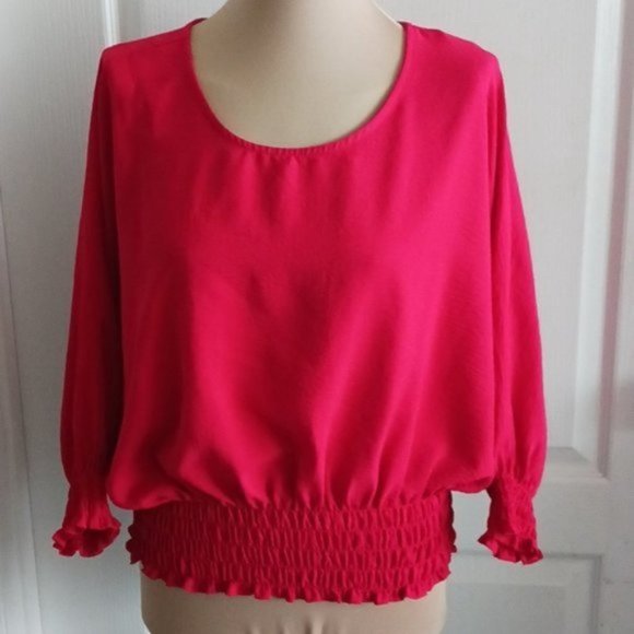 Vince Camuto Bright Red Smoked Dolman Sleeve Top Blouse Sz. Medium - Picture 4 of 13